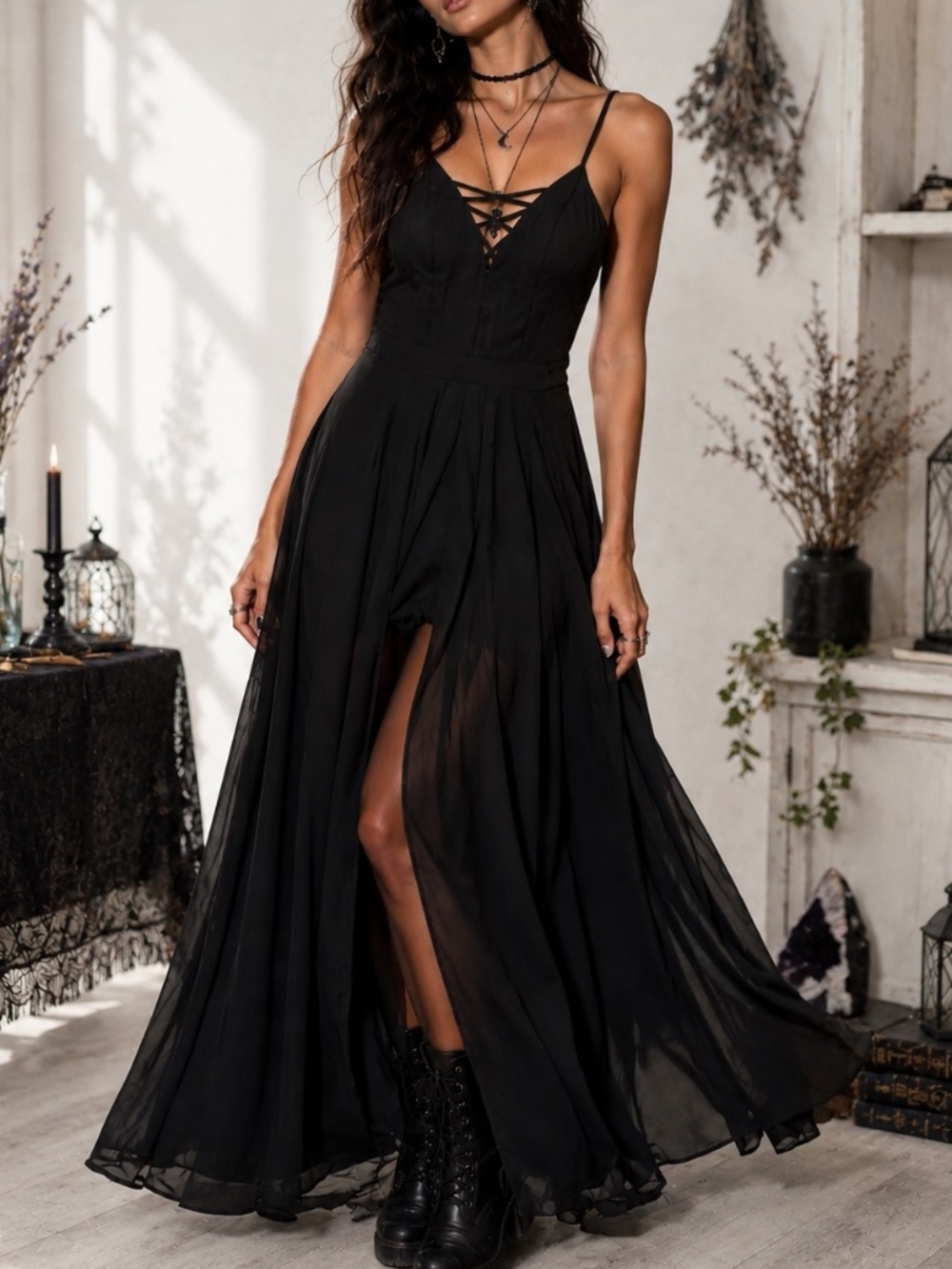 Japna Romper with Skirt overlay Womens Size Medium Black Chiffon Witchy
